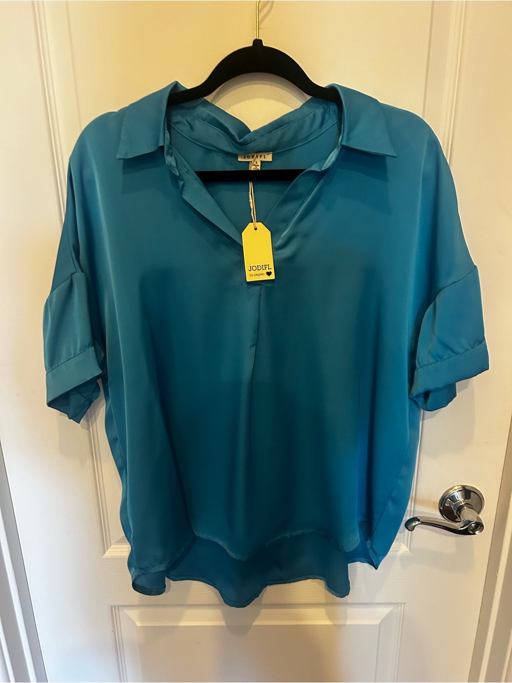 Jodiful Teal Satin Short-Sleeve Blouse